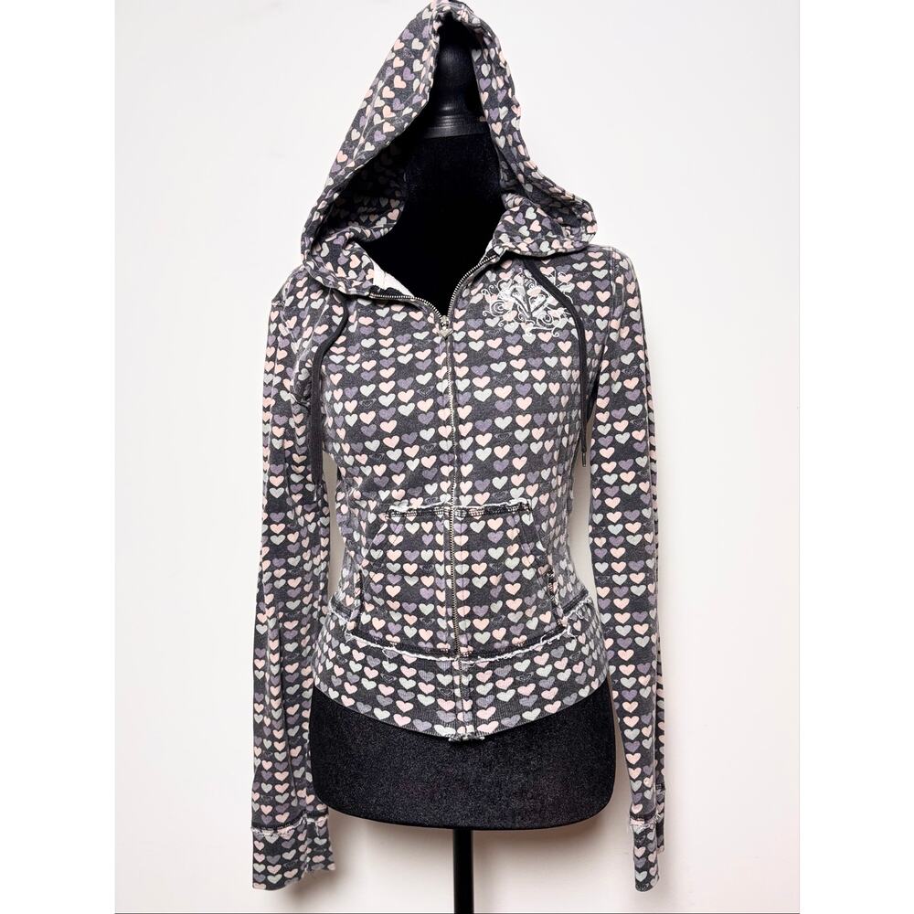 Vtg Y2K Roxy Charcoal Grey Allover Pastel Heart Print Fitted Hoodie